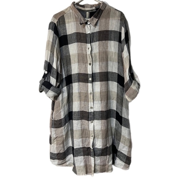Match Point Dresses & Skirts - Match Point Linen Plaid Button Down Shirt Dress Tunic Size M Black Tan White